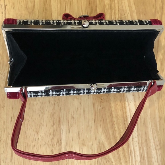 Tweed velvet bow bag purse retro kisslock style black white burgundy diamantés - Picture 3 of 6